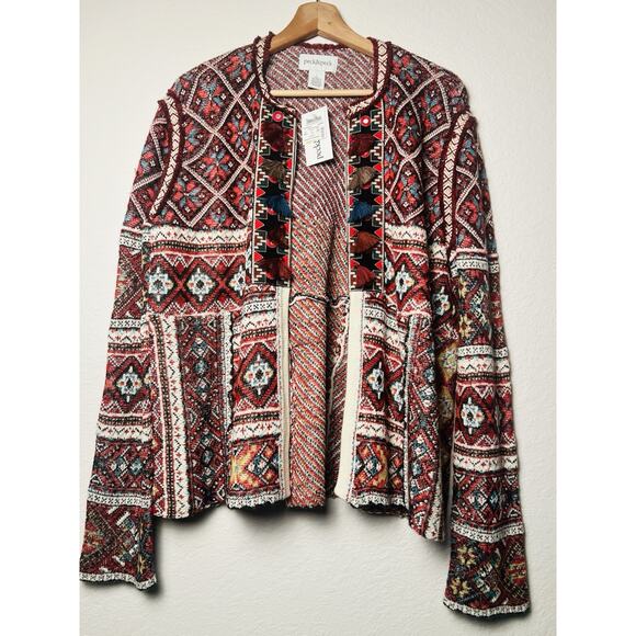 NEW Peck & Peck Wool Blend Tapestry Sweater Cardigan Sz L Tassel Hook Close Boho - Picture 11 of 14